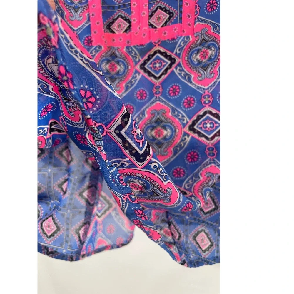 Medium Old Navy Blouse Boho Peasant Top Shirt Pink Blue Geometric Women Loose - Picture 6 of 8
